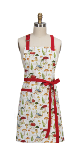 An adult apron with a botanical mushroom design, featuring a light green, yellow, orange, and white color scheme, displayed on a mannequin.