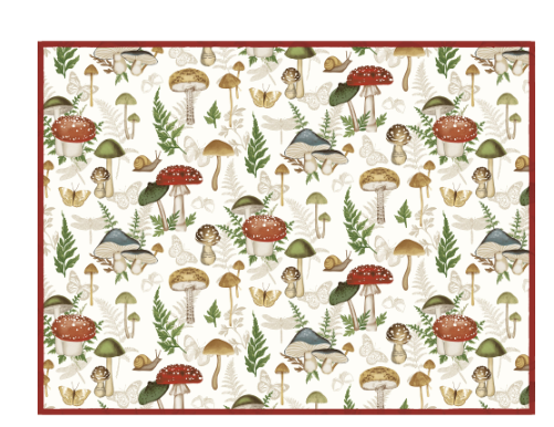 A rectangular drying mat with a botanical mushroom pattern, featuring various shades of beige, brown, and green mushrooms among green leaves.