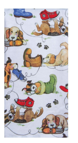 Fabric with cartoon dogs pattern on a white background