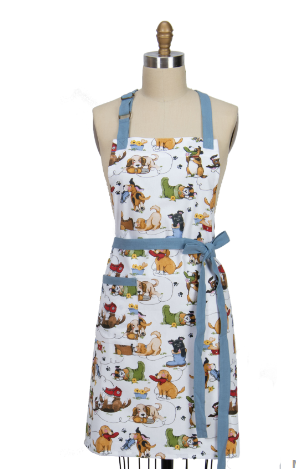 Apron with dog pattern on a mannequin against a white background