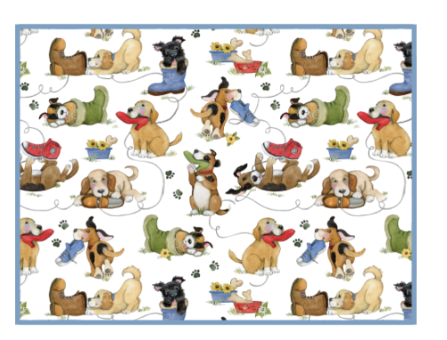 Pattern of cartoon dogs in various poses on a white background