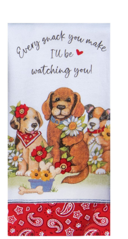 Tea towel with dogs and text 'Every snack you make I'll be watching you!' on a white background
