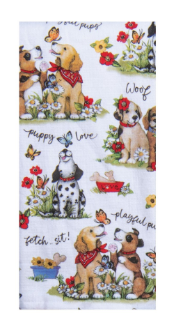 Tea towel with dog-themed illustrations and text on a white background