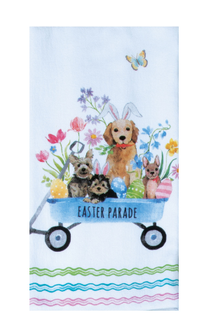 Towel with Easter-themed design featuring dogs in a cart, flowers, and butterflies on a blue background.
