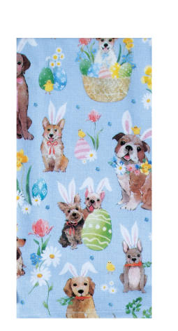 Fabric with Easter-themed design featuring dogs, eggs, and flowers on a blue background