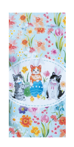 Floral patterned fabric with cartoon cats and Easter eggs