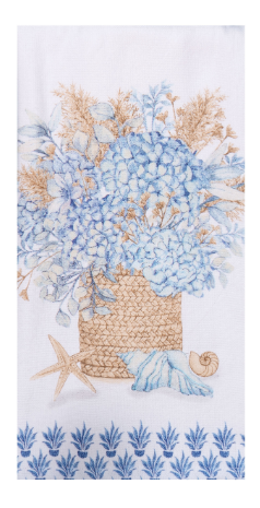 Decorative towel with blue hydrangeas, starfish, and seashells on a white background