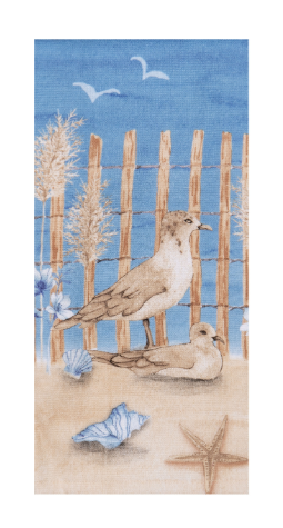 Decorative towel with beach-themed design featuring birds, shells, and a fence on a blue background.