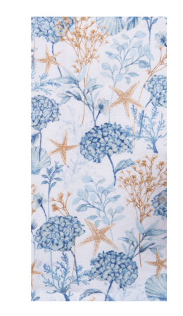 Towel with a floral and starfish pattern on a white background