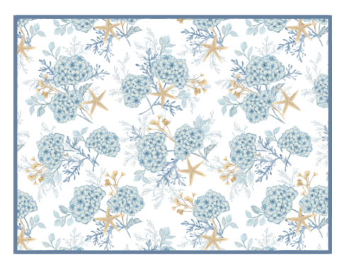 Pattern of blue flowers and gold starfish on a white background