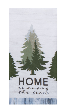 Towel with tree design and 'Home is among the trees' text on a white background