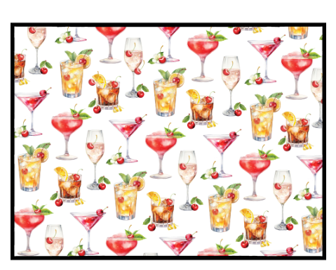 Pattern of various cocktails with fruits and garnishes on a white background