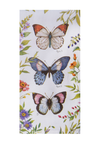 Butterfly design on a white background with colorful butterflies and flowers.