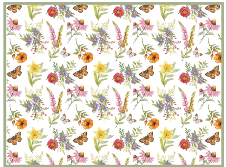 Pattern of colorful flowers and butterflies on a white background
