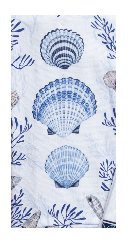 Towel with blue shell and seaweed pattern on a white background