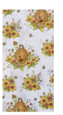 Patterned fabric with sunflowers, bees, and beehives on a white background