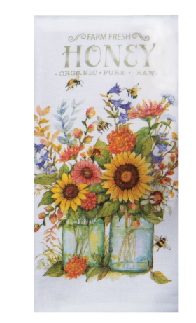 Tea towel with sunflowers and flowers in jars design on a white background