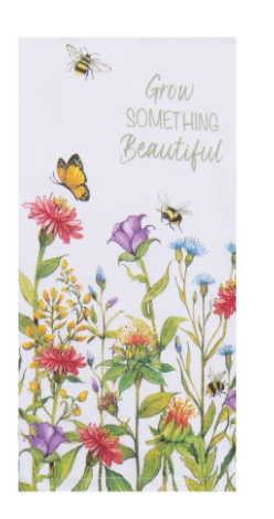 Floral design with flowers and bees on a white background with text 'Grow Something Beautiful'.