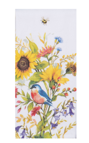 A multicolored floral terry towel with a bird and bee design, displayed on a neutral background.