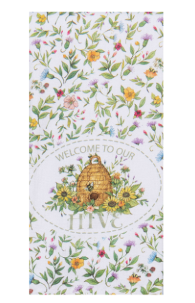 A dual purpose terry towel with a floral design featuring bees and the text 'WELCOME TO OUR HIVE' on a white background.