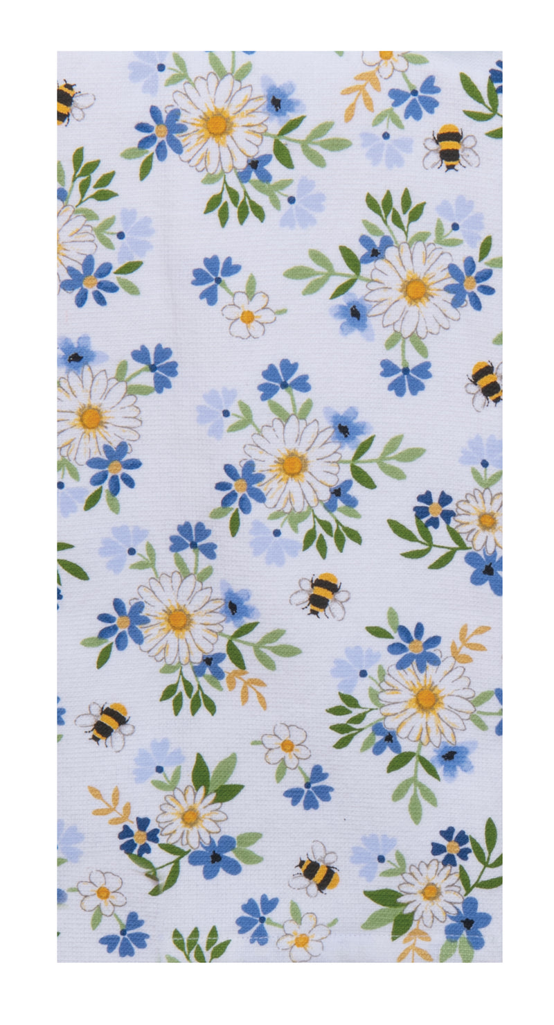 Floral pattern with blue flowers, green leaves, and yellow centers on a white background.