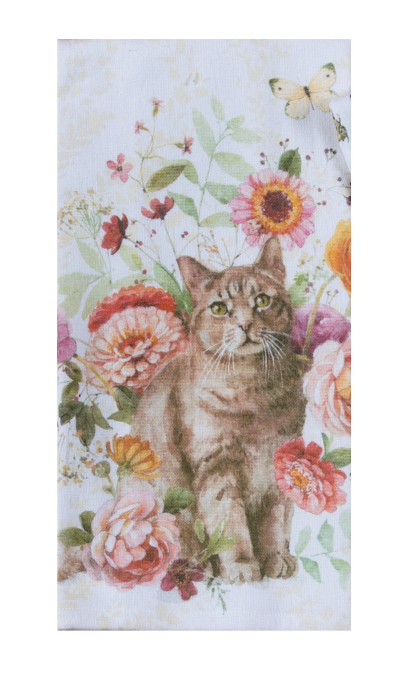 Cat surrounded by colorful flowers and butterflies on a decorative paper or fabric.