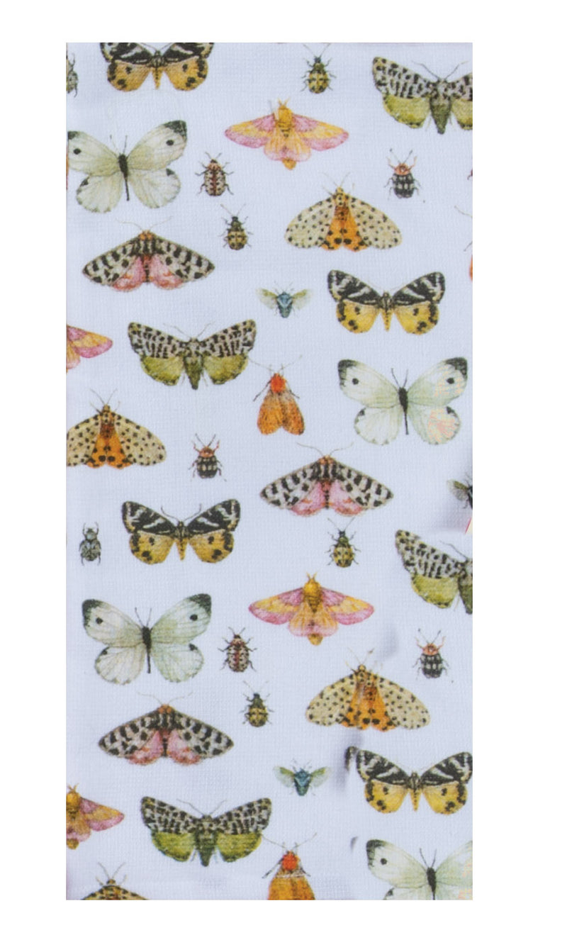 Fabric with a pattern of colorful butterflies and moths on a white background