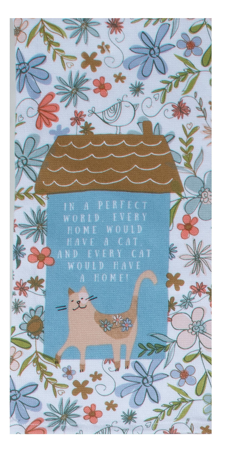 Floral towel with a cat and house illustration and text on a blue background