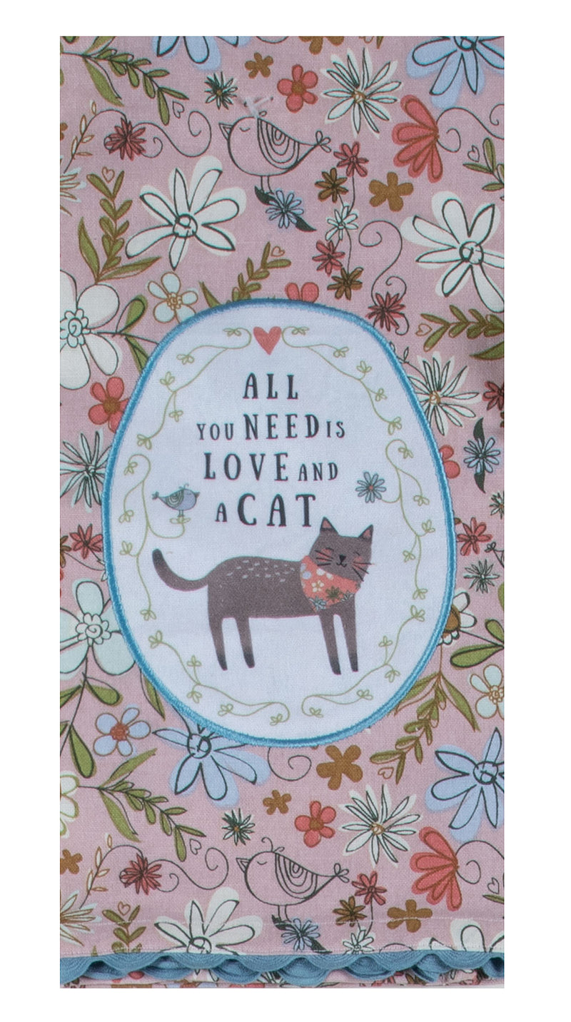 Floral design with a cat illustration and text 'All you need is love and a cat' on a pink background.
