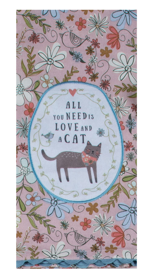 Floral design with a cat illustration and text 'All you need is love and a cat' on a pink background.