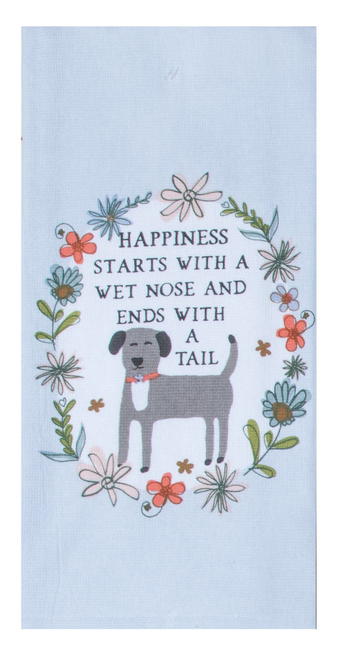 Tea towel with a dog illustration and text on a light blue background