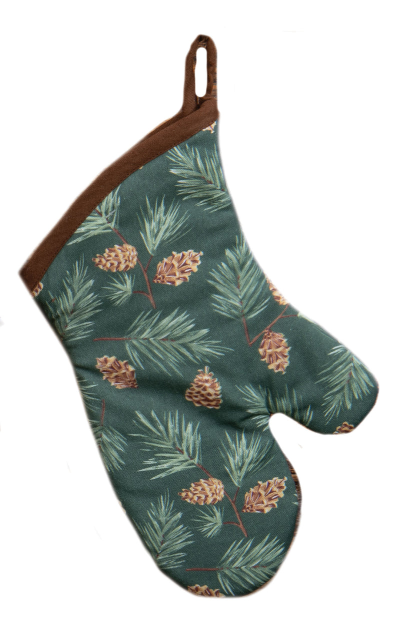 A single oven mitt with a dark green pine needle and pinecone pattern, featuring a brown trim and hanging loop, shown against a plain white background.