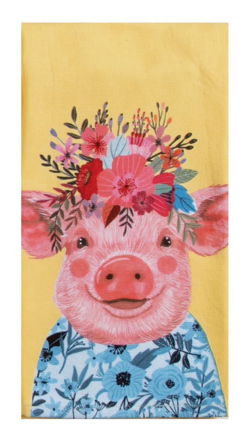 Pig with floral headband and clothing on a yellow background