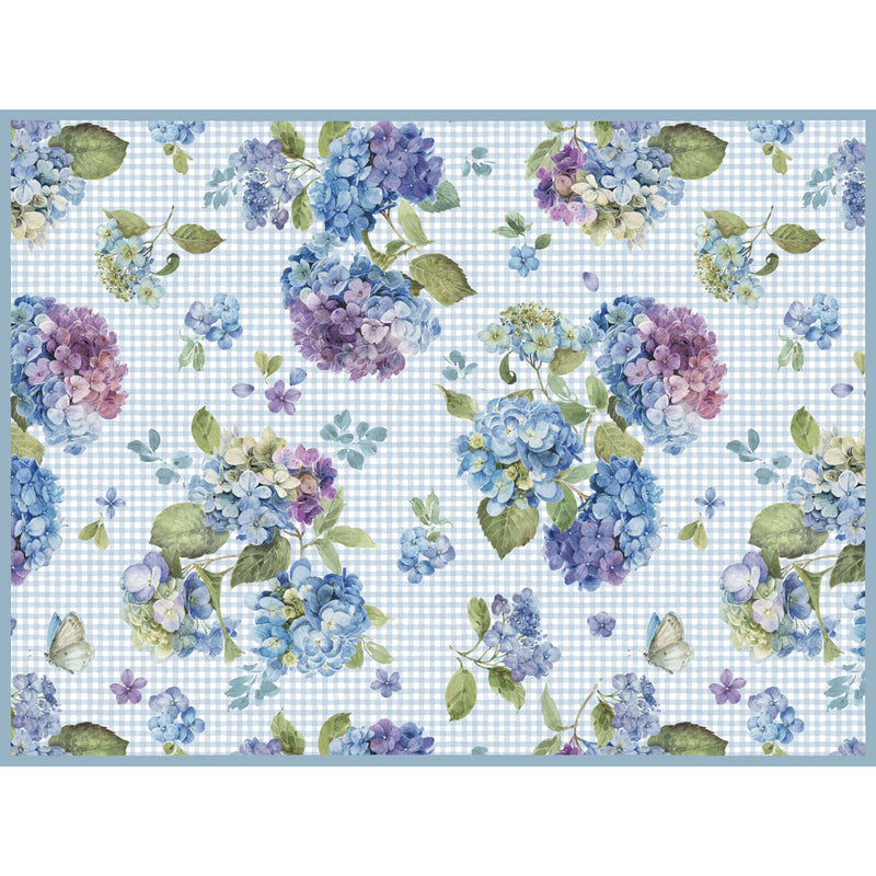 Floral pattern with blue and purple hydrangeas on a checkered background