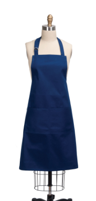 A blue apron with extra long straps, a front pocket, and loop for towel, displayed on a mannequin.