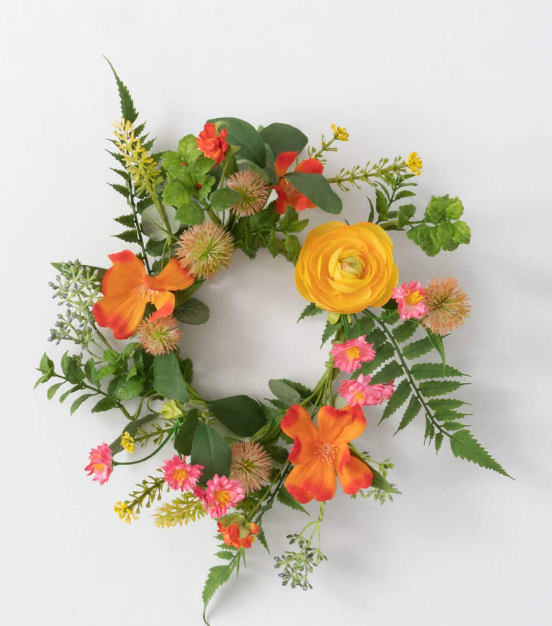 Floral wreath with colorful flowers on a white background