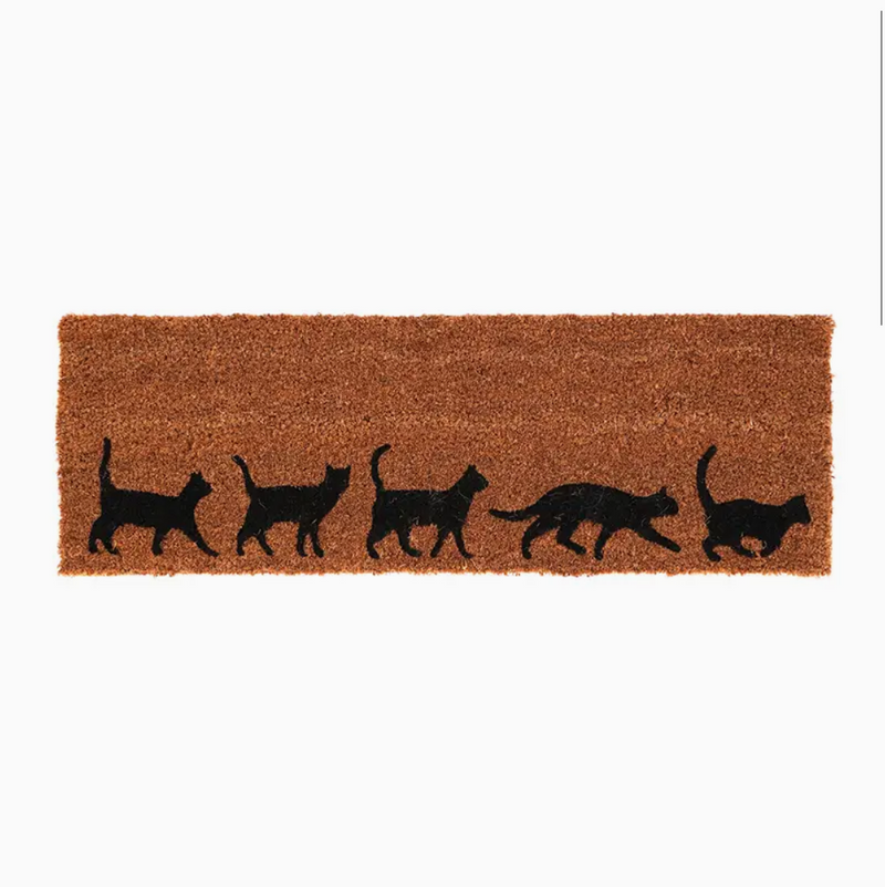 Doormat with black cat silhouette pattern on a brown background