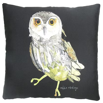Black pillow with an owl illustration by Robin Rawlings
