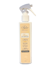 Linen and room spray bottle with visible branding on a white background