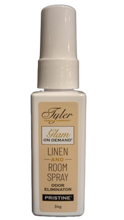 Linen and room spray bottle with 'Tyler' branding on a white background