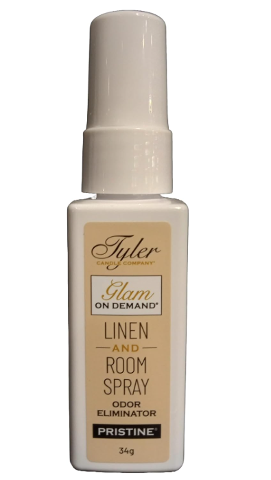 Linen and room spray bottle with 'Tyler' branding on a white background