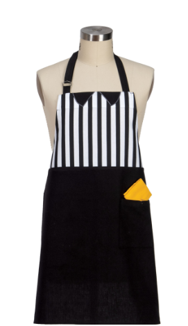 Black and white striped apron with a yellow pocket on a mannequin against a white background