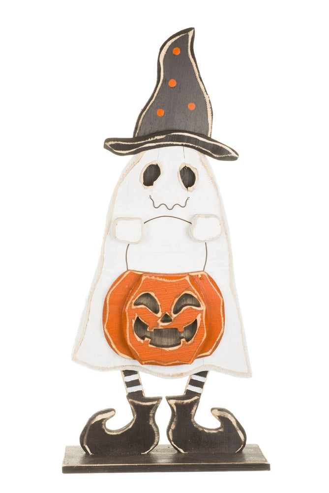 A Halloween-themed wooden ghost decoration with a black witch hat, white ghost body, orange jack-o'-lantern belly, and black-and-white striped legs, standing on a small rectangular base against a plain white background.