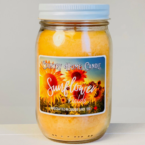Jar of 'Sunflower Fields' candle by Country Home Candle on a white background