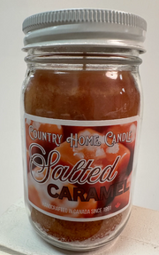 Jar of 'Salted Caramel' candle by Country Home Candle on a white background