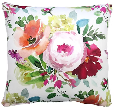 Floral-patterned pillow with colorful flowers on a white background