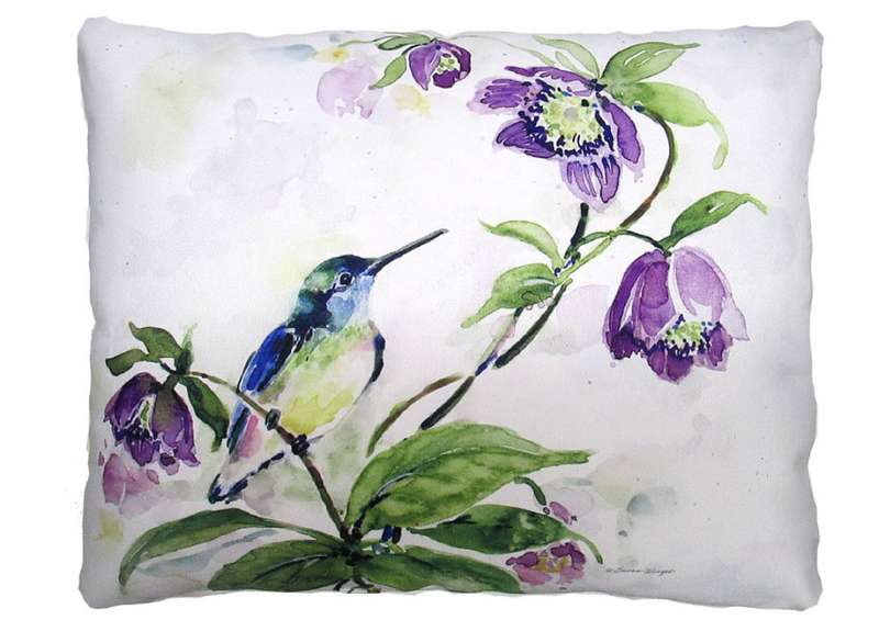 A decorative pillow with a painting of a hummingbird perched on a flower stem, surrounded by purple flowers with green leaves on a white background.