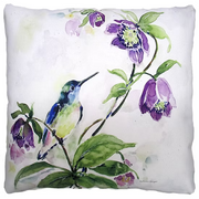 Decorative pillow with a hummingbird and purple flowers design on a white background