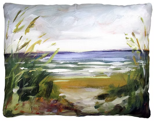 Decorative pillow with a landscape painting of a field and sky.