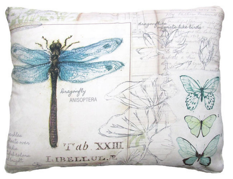 Rectangular pillow with a scientific illustration design featuring a dragonfly and butterflies on a white background with text.